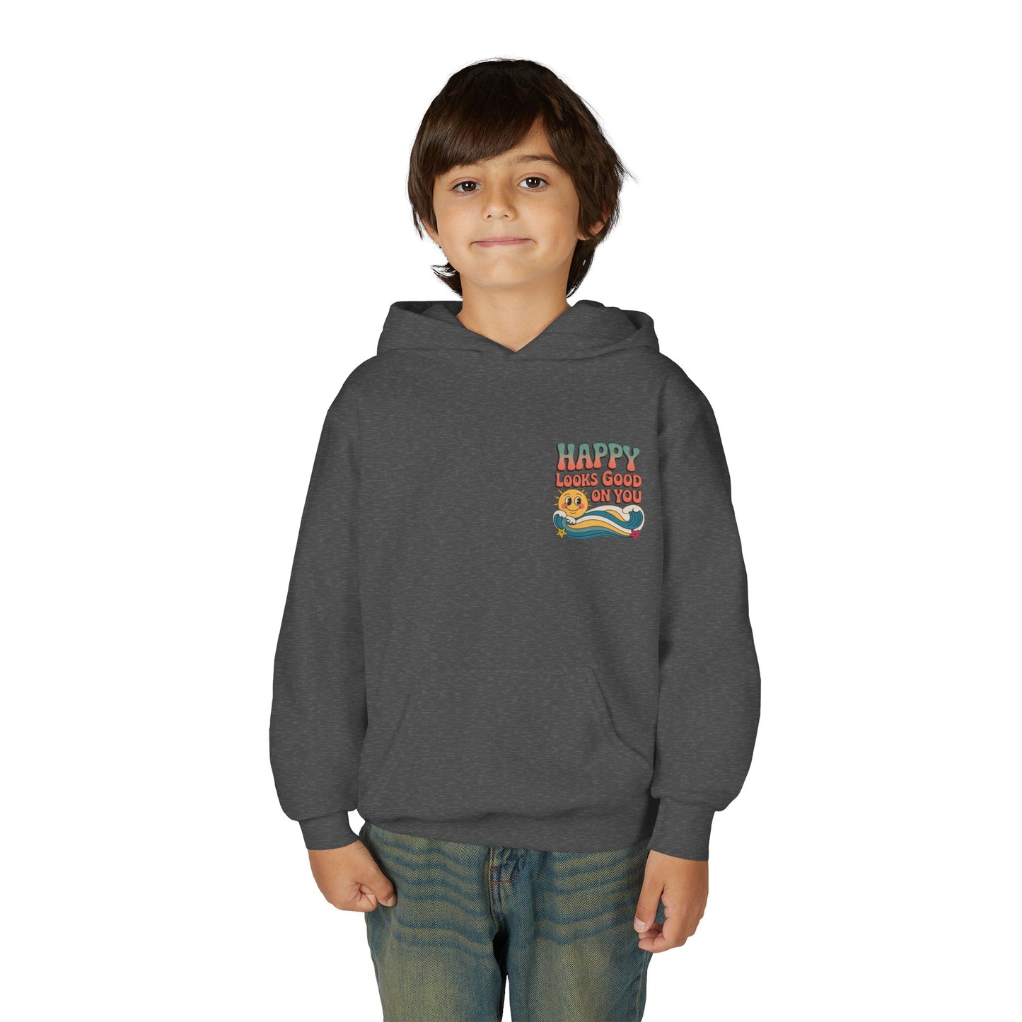 Youth Hoodie — "Happy Looks Good on You" Retro Sunburst Graphic