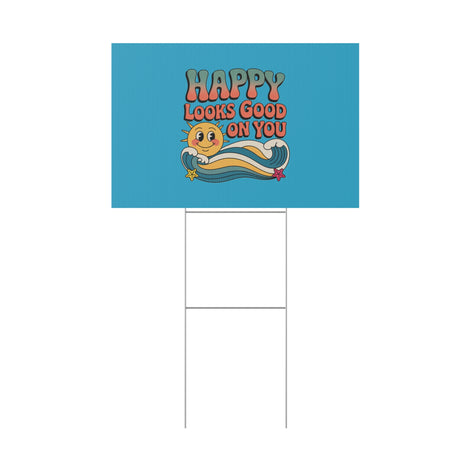 "Happy Looks Good On You" Retro Sun Positive Garden Sign