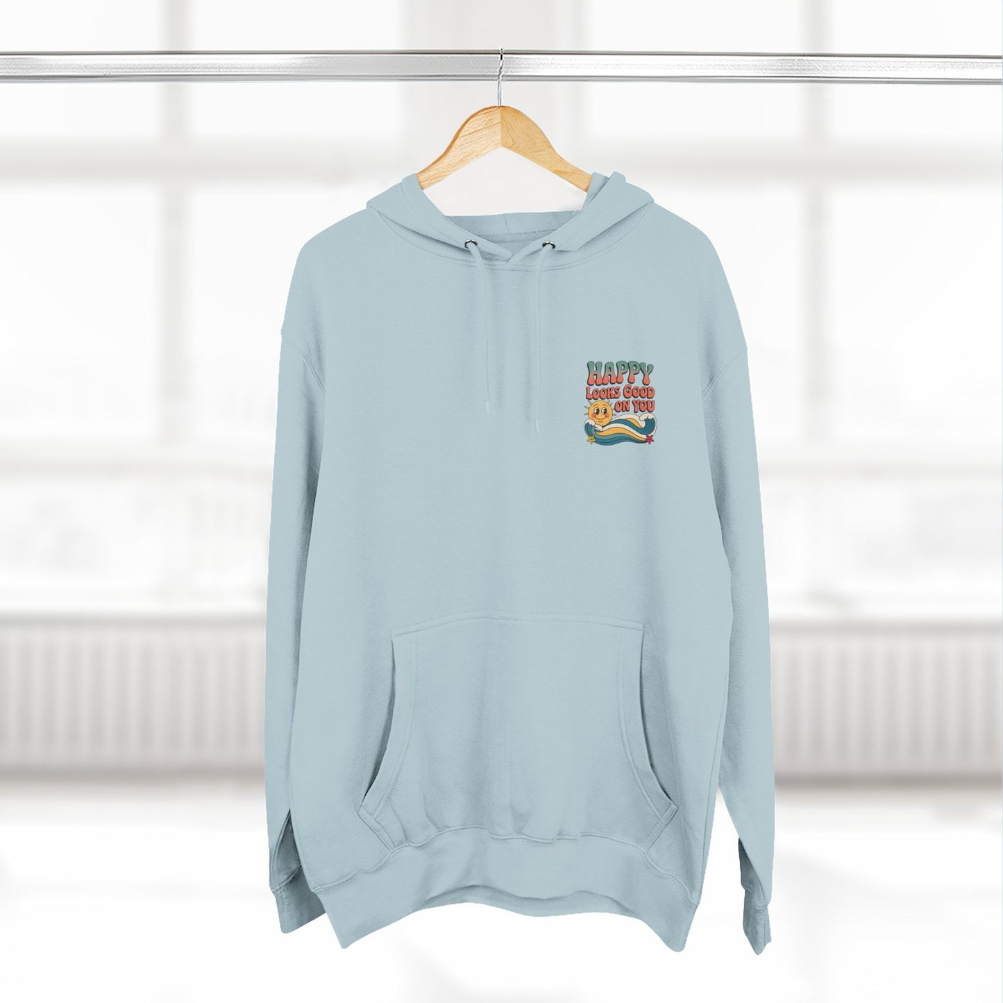Happy Looks Good On You Hoodie — Retro Smiley Graphic Fleece Pullover