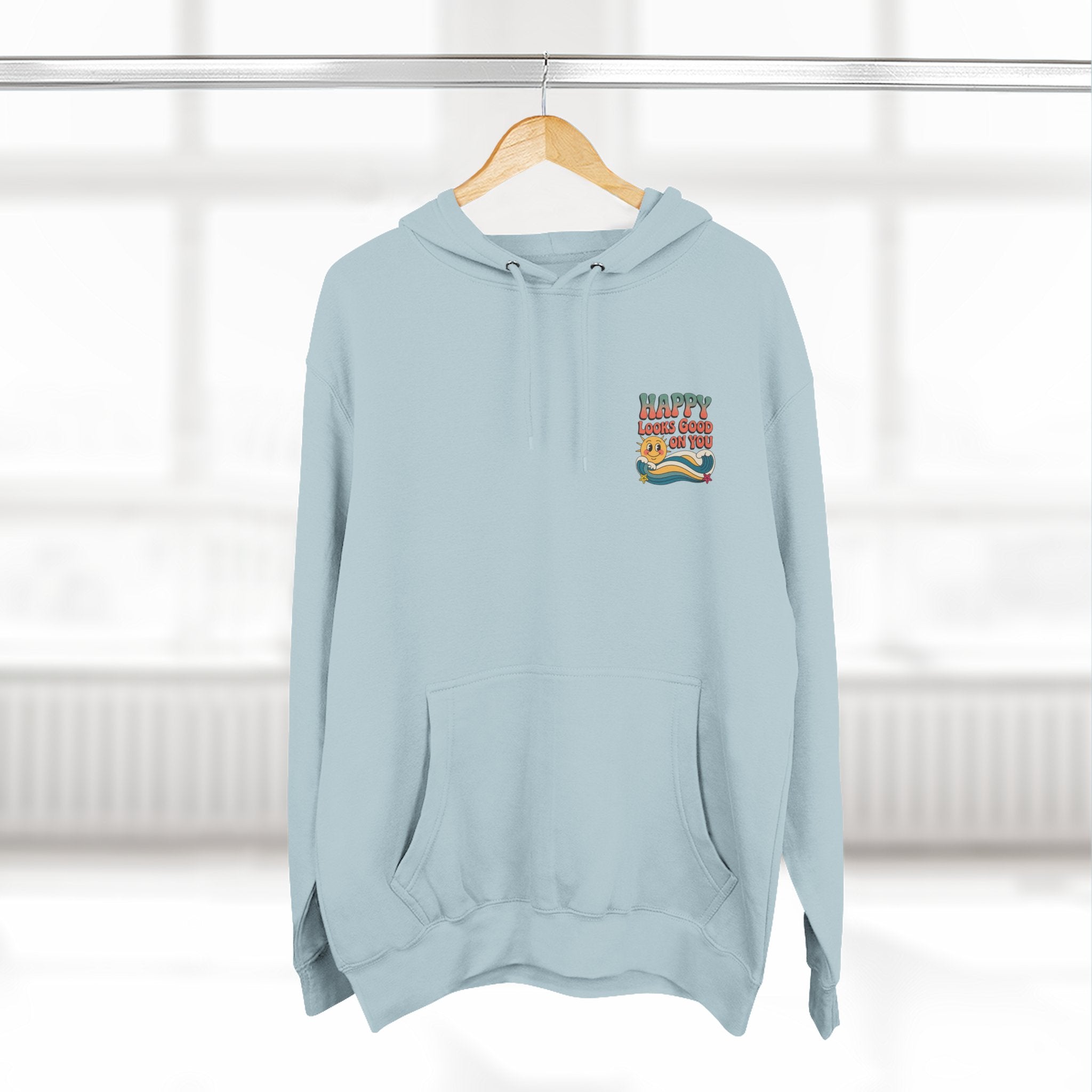 Happy Looks Good On You Hoodie — Retro Smiley Graphic Fleece Pullover