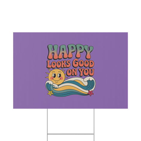 "Happy Looks Good On You" Retro Sun Positive Garden Sign