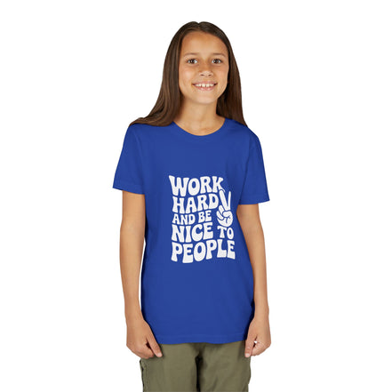 Youth Tee – "Work Hard and Be Nice to People" Retro Peace Sign Kids T‑Shirt