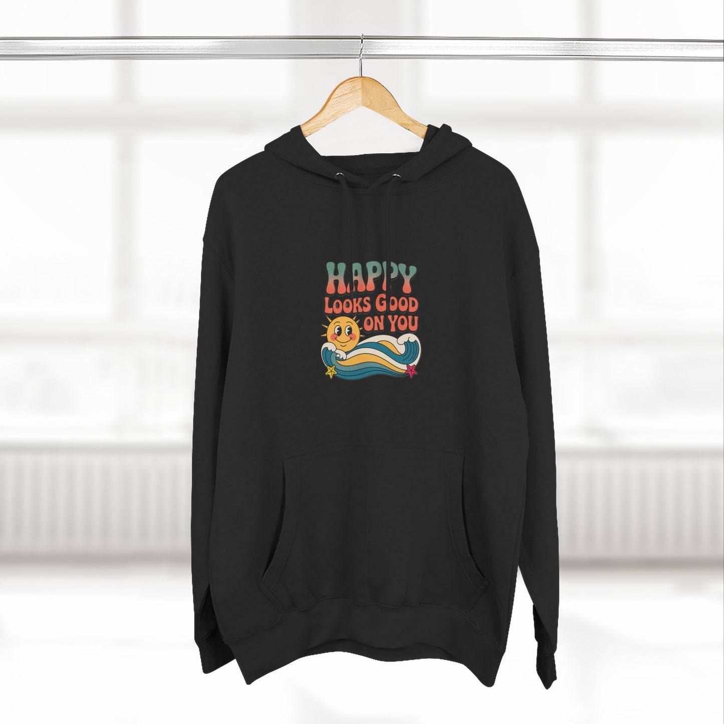 Happy Looks Good On You Hoodie — Retro Smiley Graphic Fleece Pullover