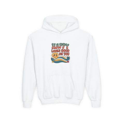 Youth Hoodie — "Happy Looks Good on You" Retro Sunburst Graphic