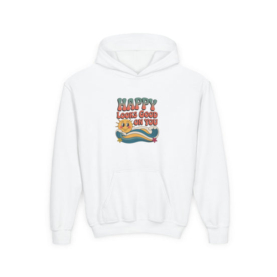 Youth Hoodie — "Happy Looks Good on You" Retro Sunburst Graphic