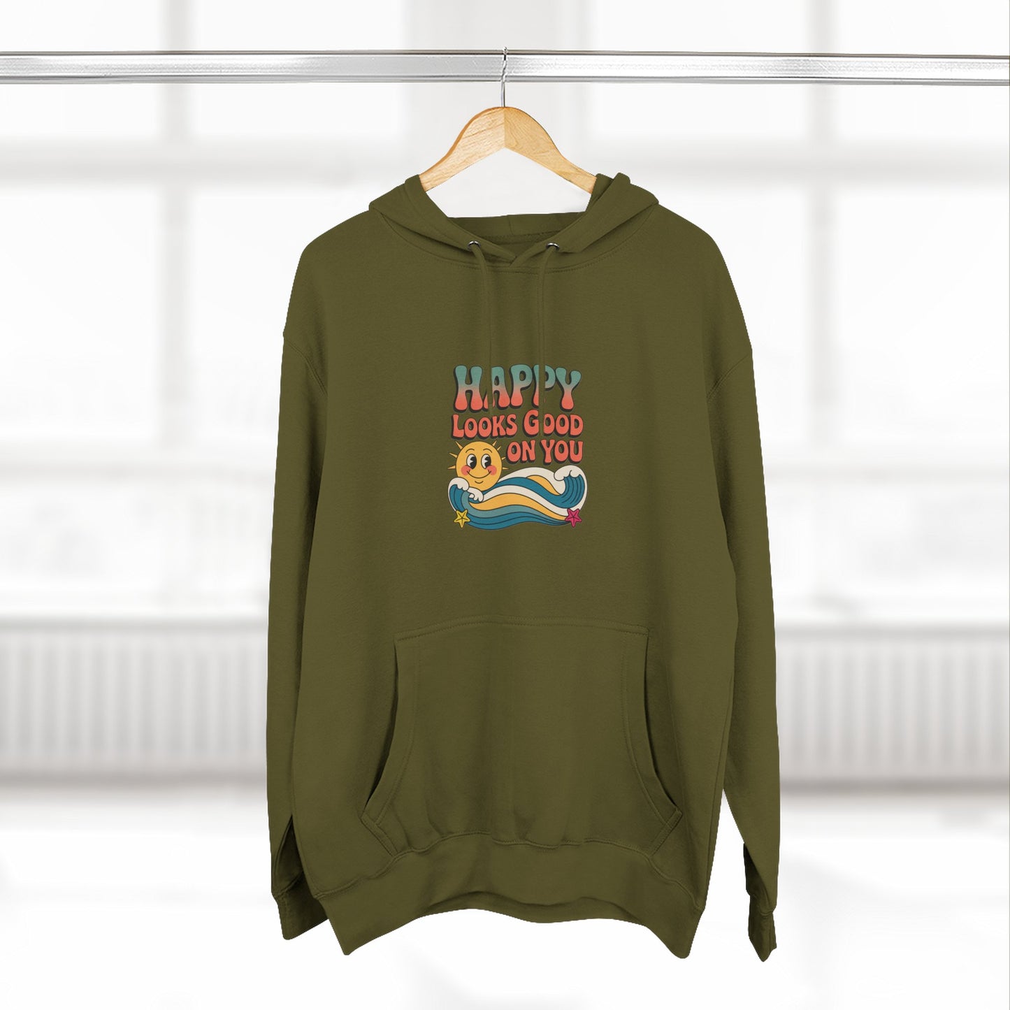 Happy Looks Good On You Hoodie — Retro Smiley Graphic Fleece Pullover