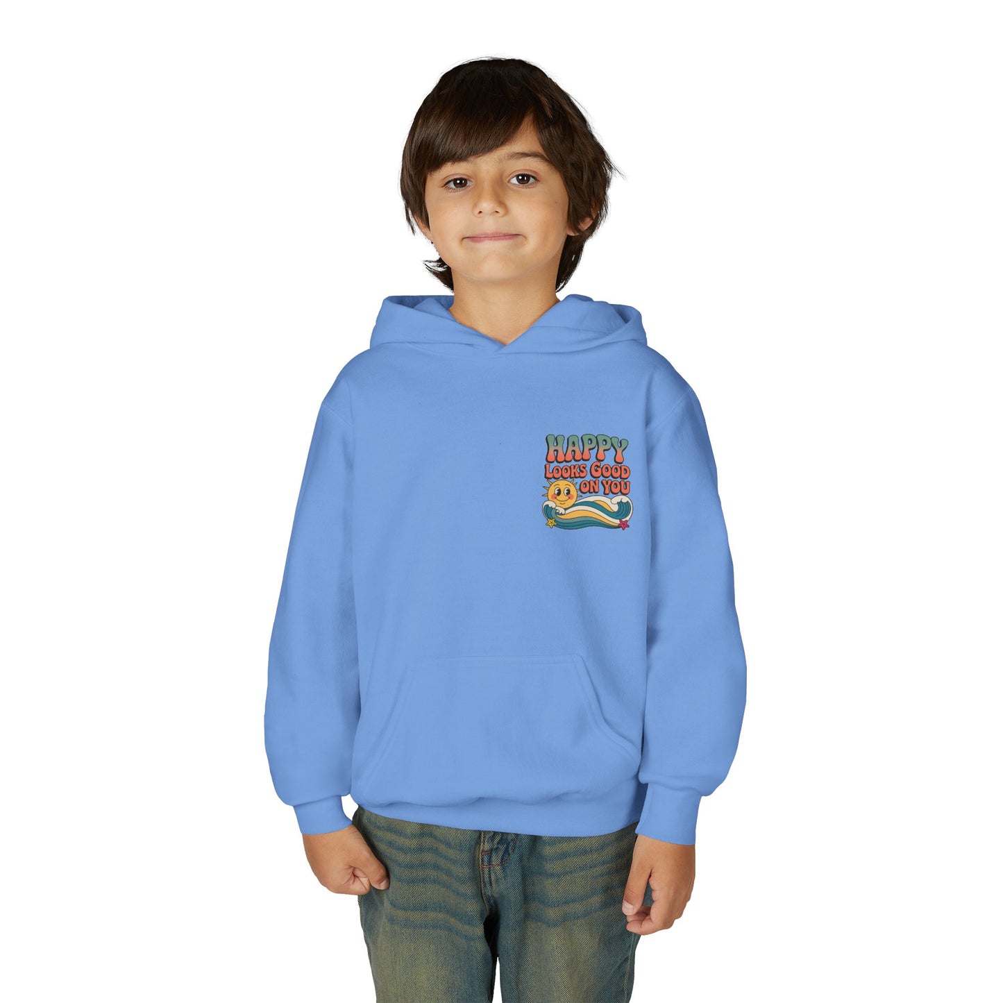 Youth Hoodie — "Happy Looks Good on You" Retro Sunburst Graphic