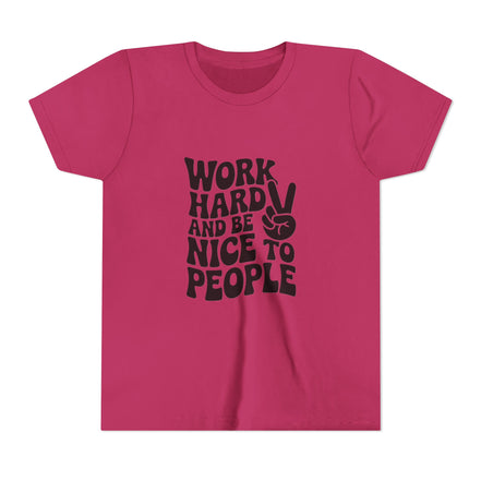 Youth Tee – "Work Hard and Be Nice to People" Retro Peace Sign Kids T‑Shirt