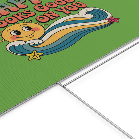 "Happy Looks Good On You" Retro Sun Positive Garden Sign