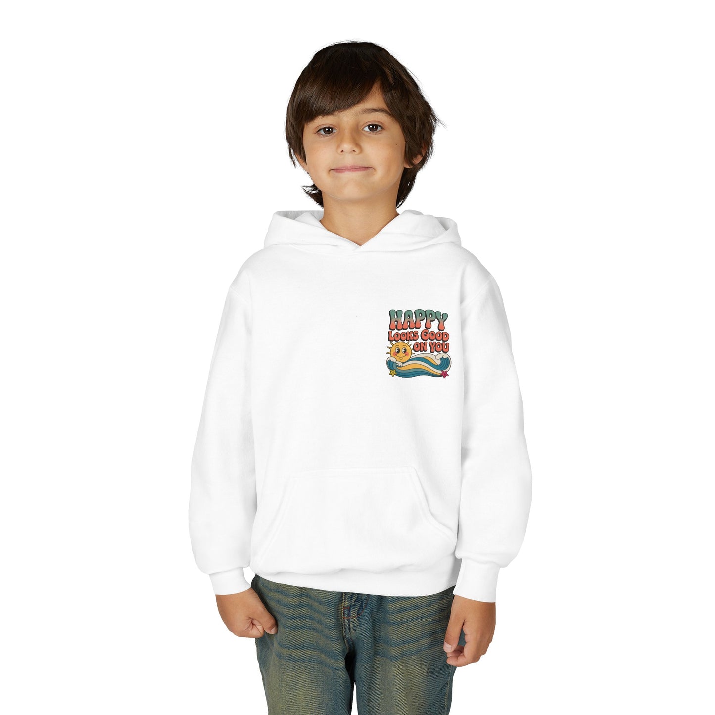 Youth Hoodie — "Happy Looks Good on You" Retro Sunburst Graphic