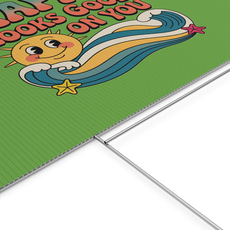 "Happy Looks Good On You" Retro Sun Positive Garden Sign