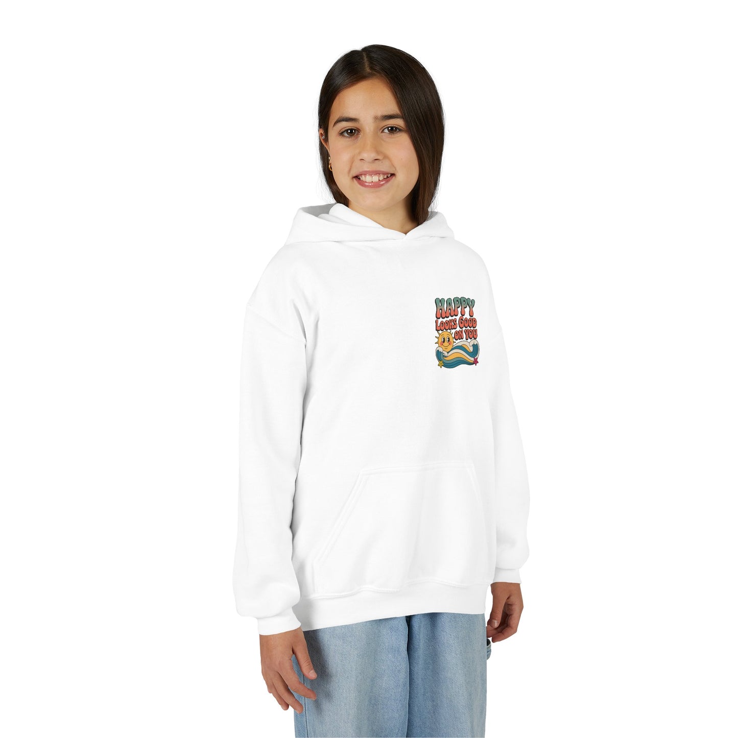 Youth Hoodie — "Happy Looks Good on You" Retro Sunburst Graphic