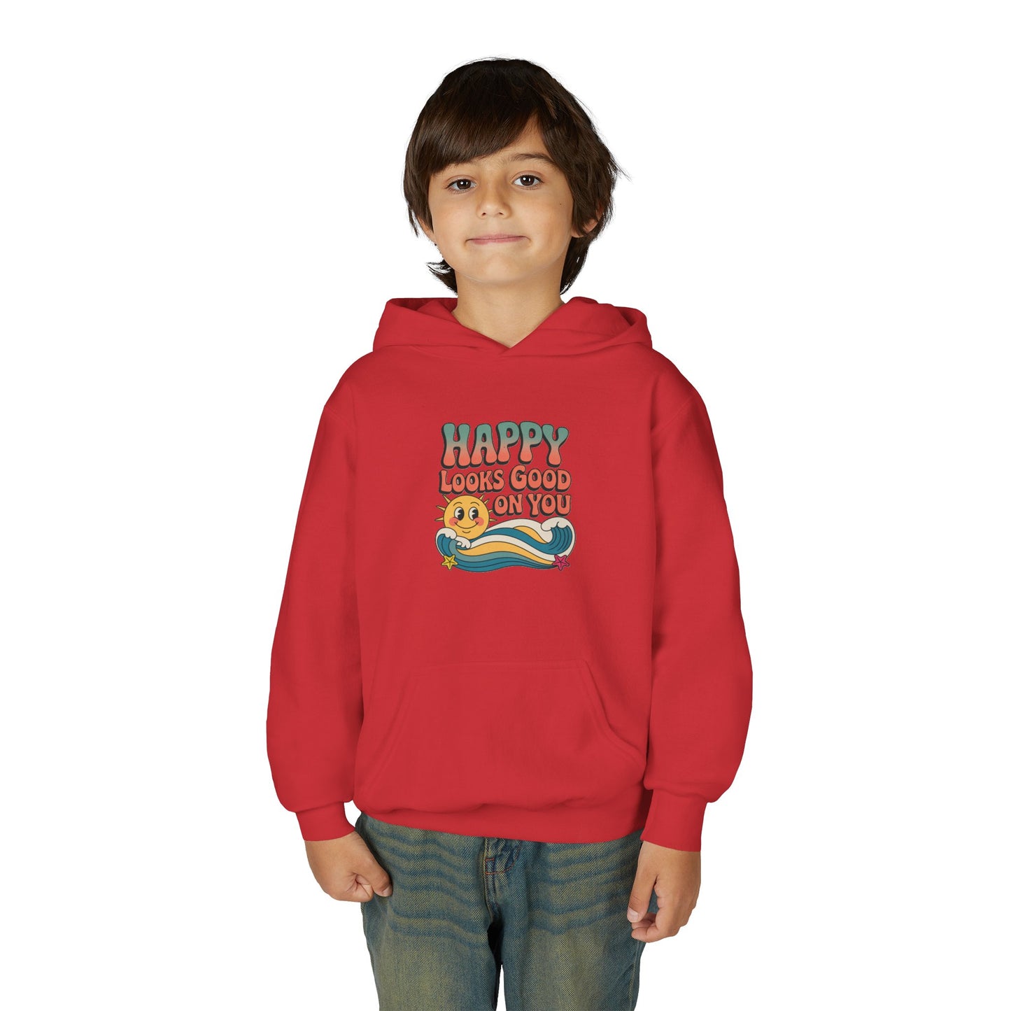 Youth Hoodie — "Happy Looks Good on You" Retro Sunburst Graphic