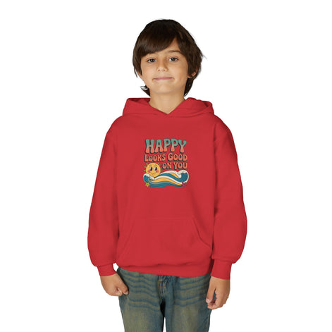 Youth Hoodie — "Happy Looks Good on You" Retro Sunburst Graphic