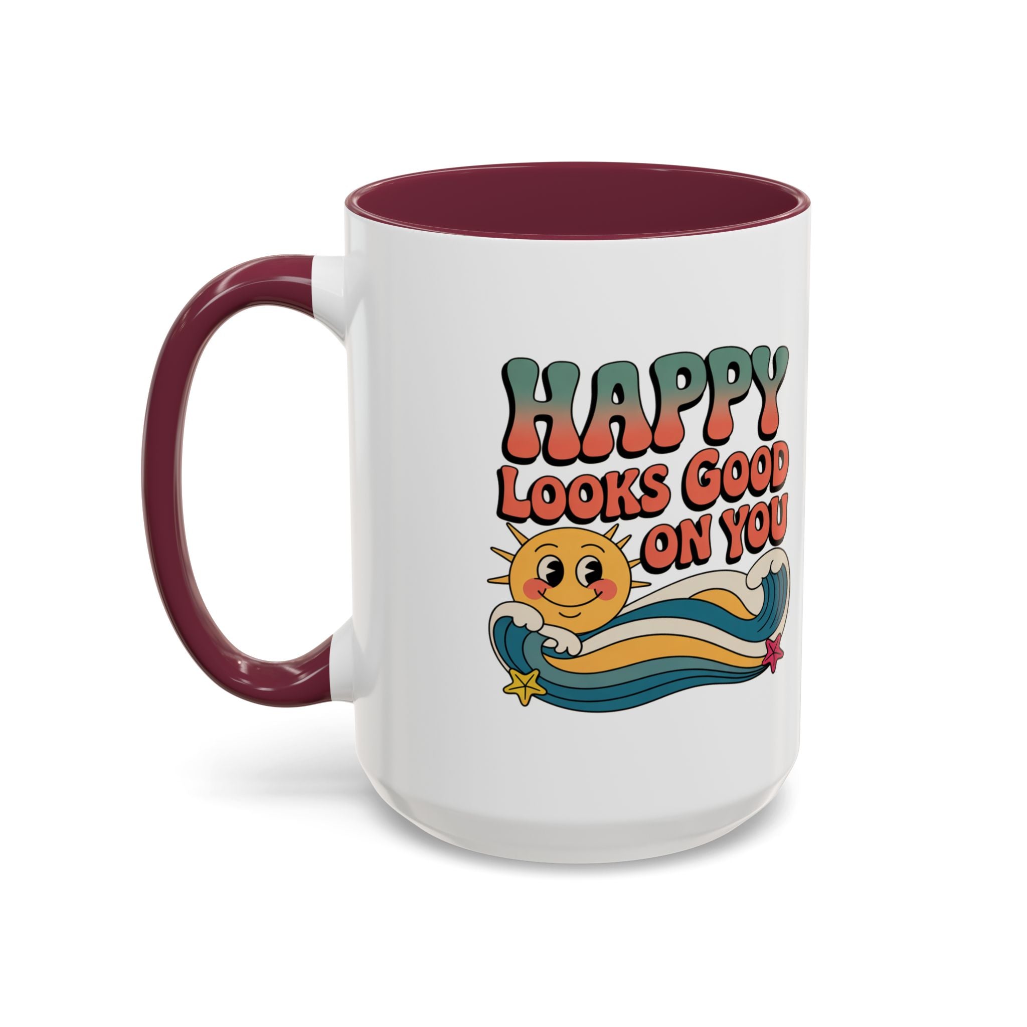 Retro 'Happy Looks Good on You' Colorful Ceramic Mug (11oz & 15oz)