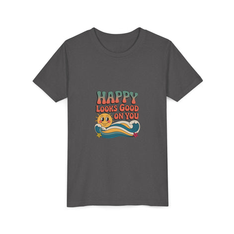 Youth Tee — "Happy Looks Good On You" Retro Sunshine Kids Shirt