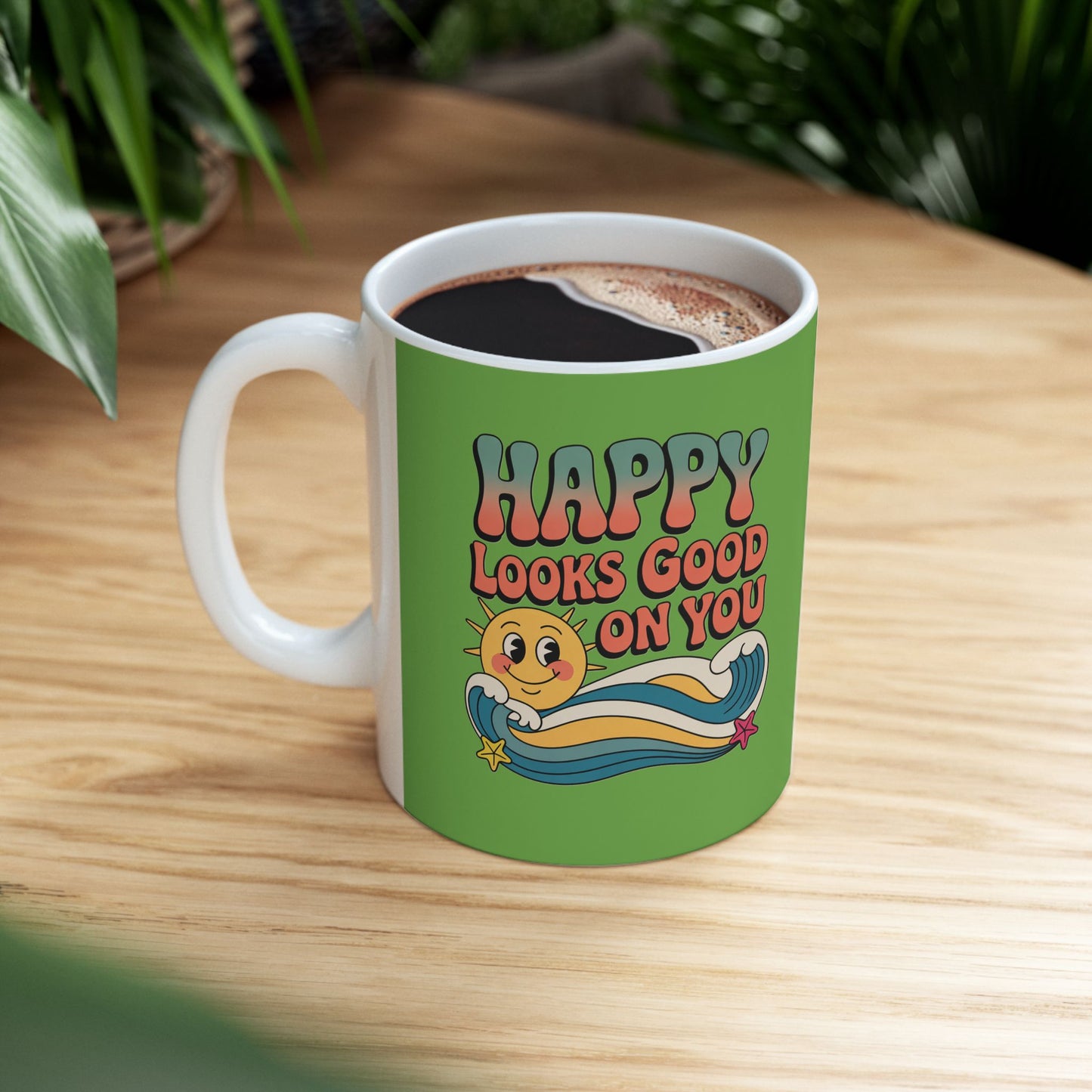 Retro 'Happy Looks Good on You' Ceramic Mug – 11oz & 15oz