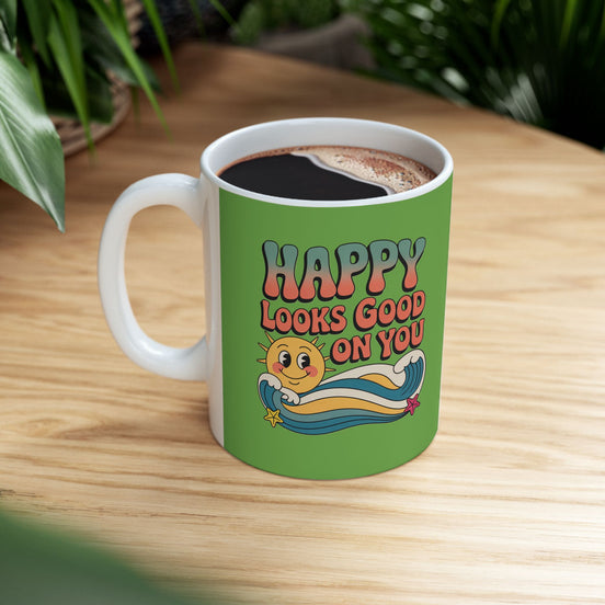Retro 'Happy Looks Good on You' Ceramic Mug – 11oz & 15oz