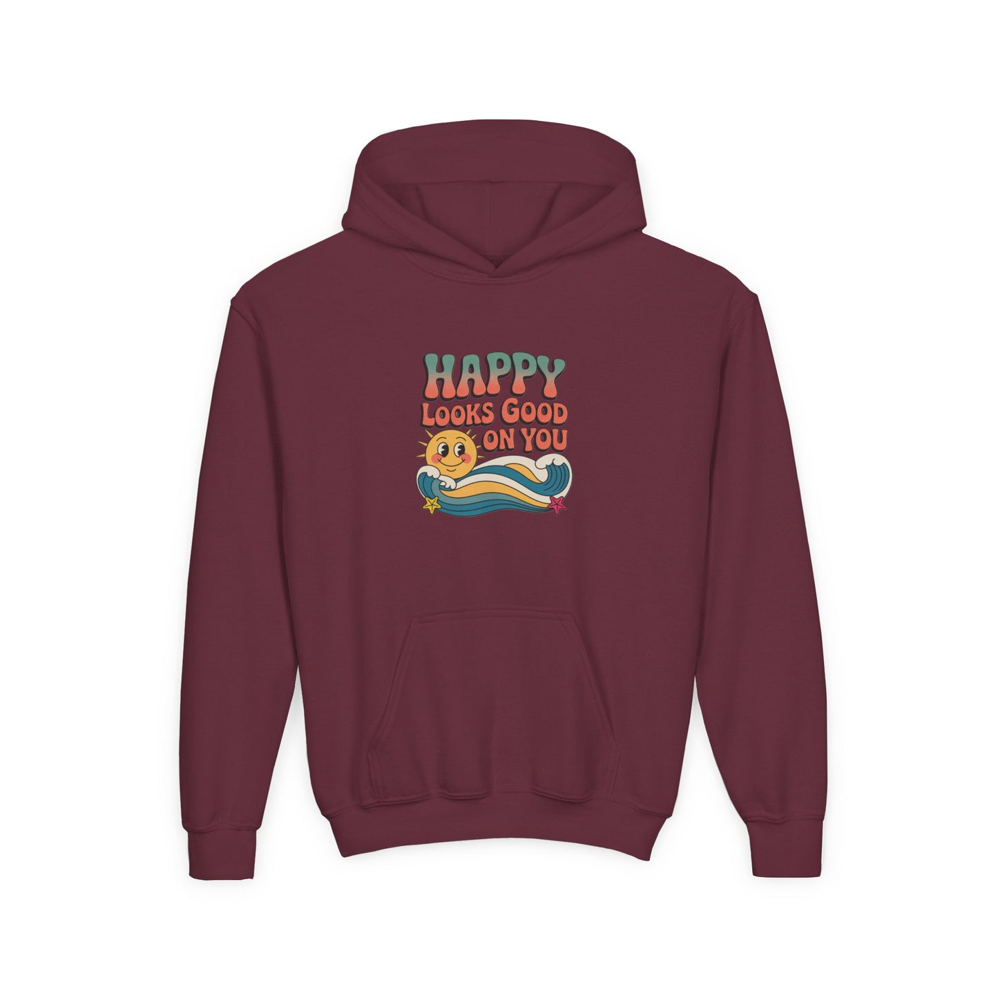 Youth Hoodie — "Happy Looks Good on You" Retro Sunburst Graphic