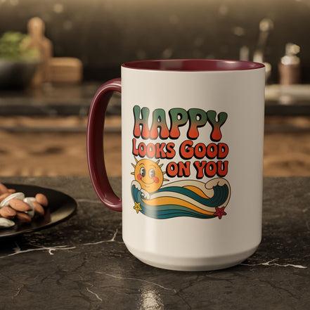 Retro 'Happy Looks Good on You' Colorful Ceramic Mug (11oz & 15oz)