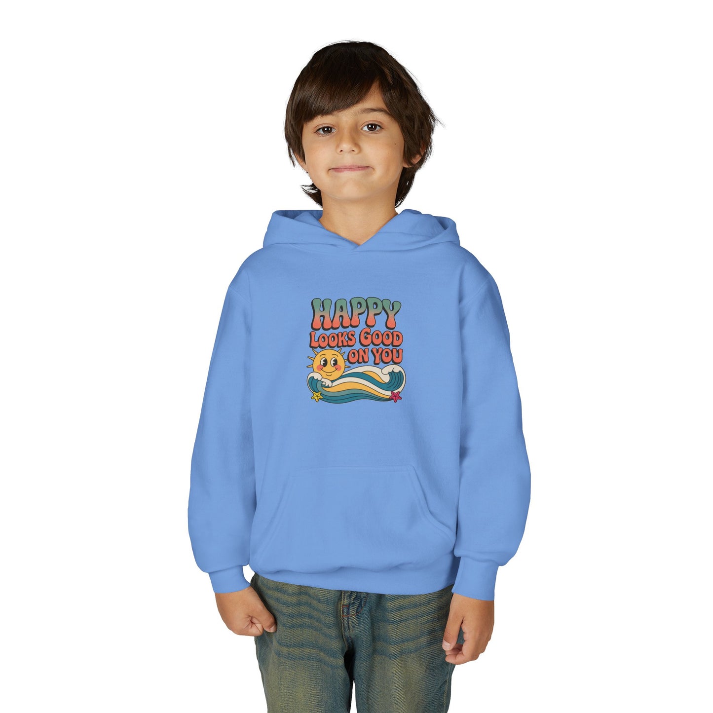 Youth Hoodie — "Happy Looks Good on You" Retro Sunburst Graphic