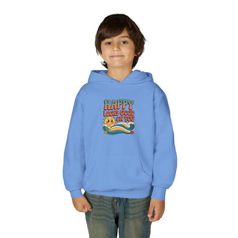 Youth Hoodie — "Happy Looks Good on You" Retro Sunburst Graphic