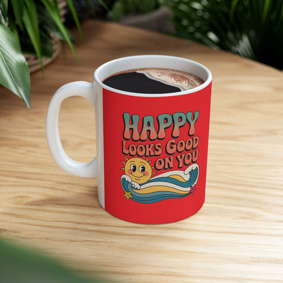 Retro 'Happy Looks Good on You' Ceramic Mug – 11oz & 15oz