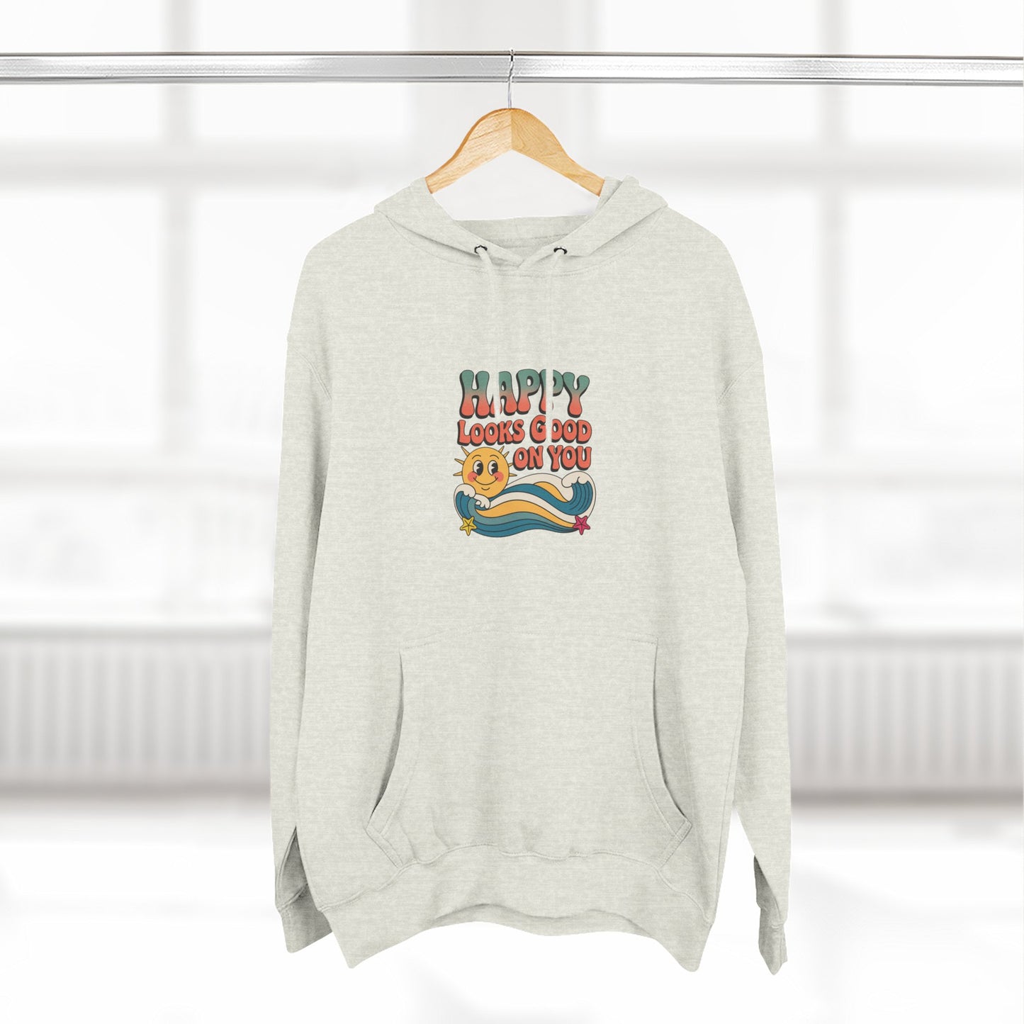 Happy Looks Good On You Hoodie — Retro Smiley Graphic Fleece Pullover