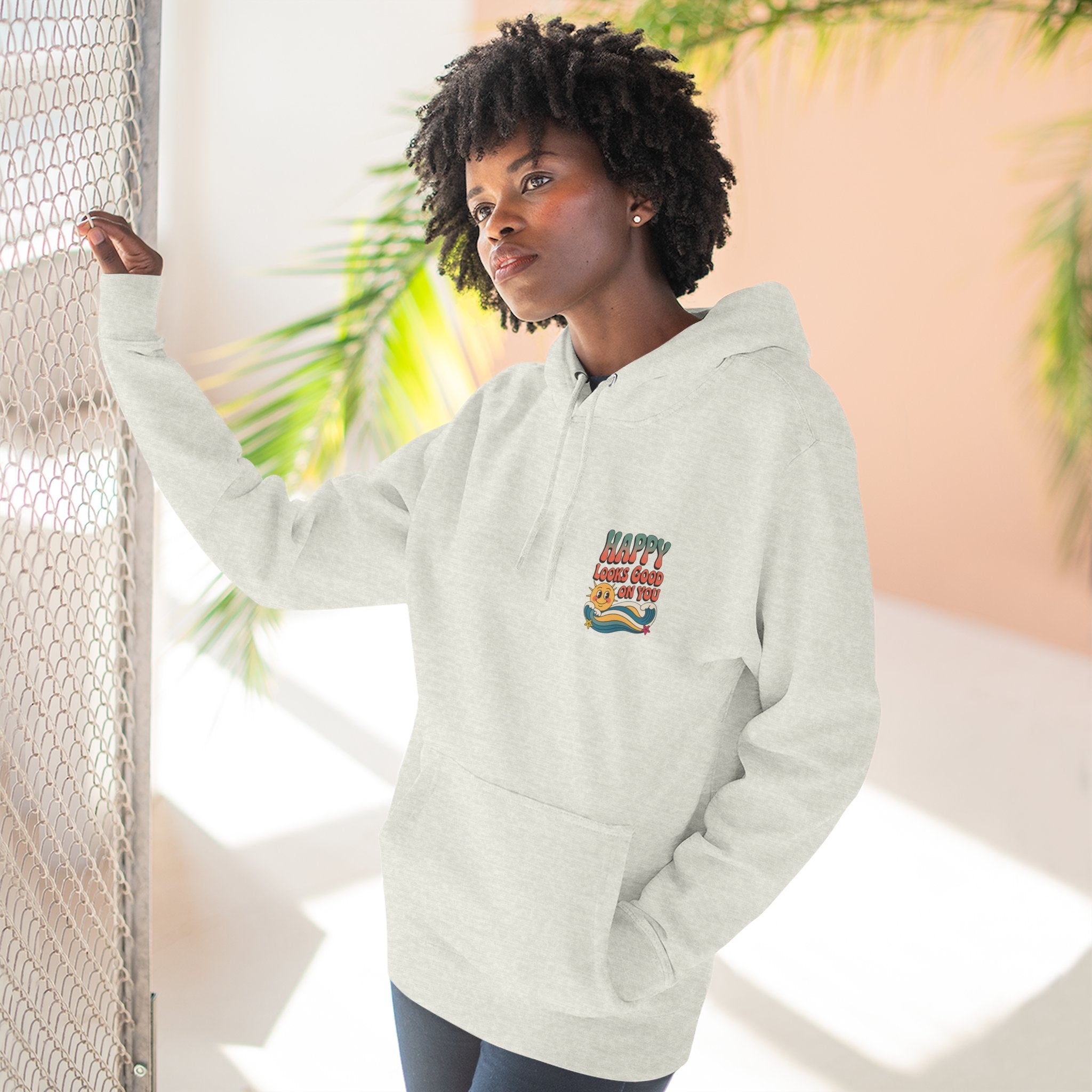 Happy Looks Good On You Hoodie — Retro Smiley Graphic Fleece Pullover