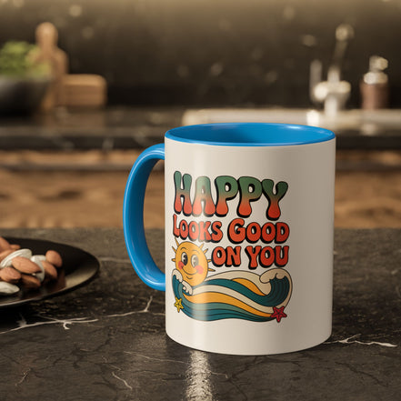 Retro 'Happy Looks Good on You' Colorful Ceramic Mug (11oz & 15oz)