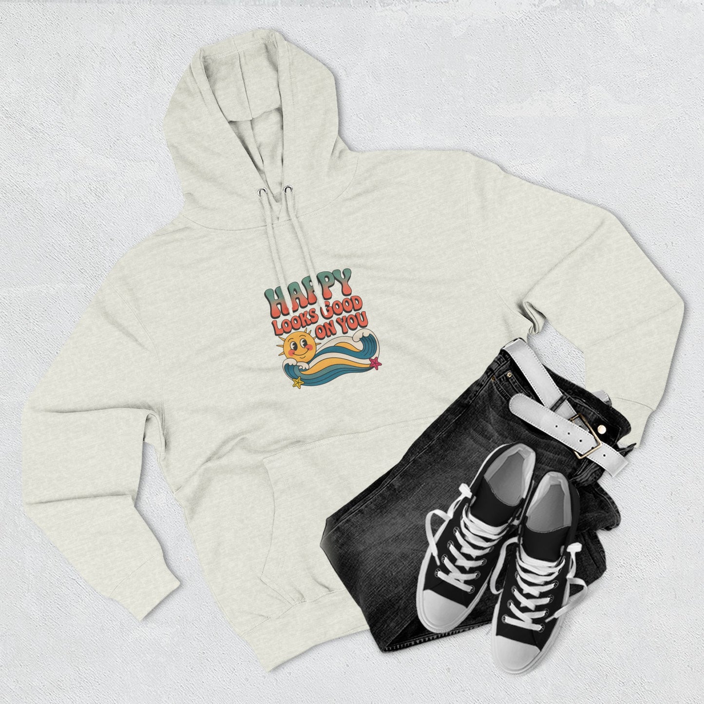 Happy Looks Good On You Hoodie — Retro Smiley Graphic Fleece Pullover