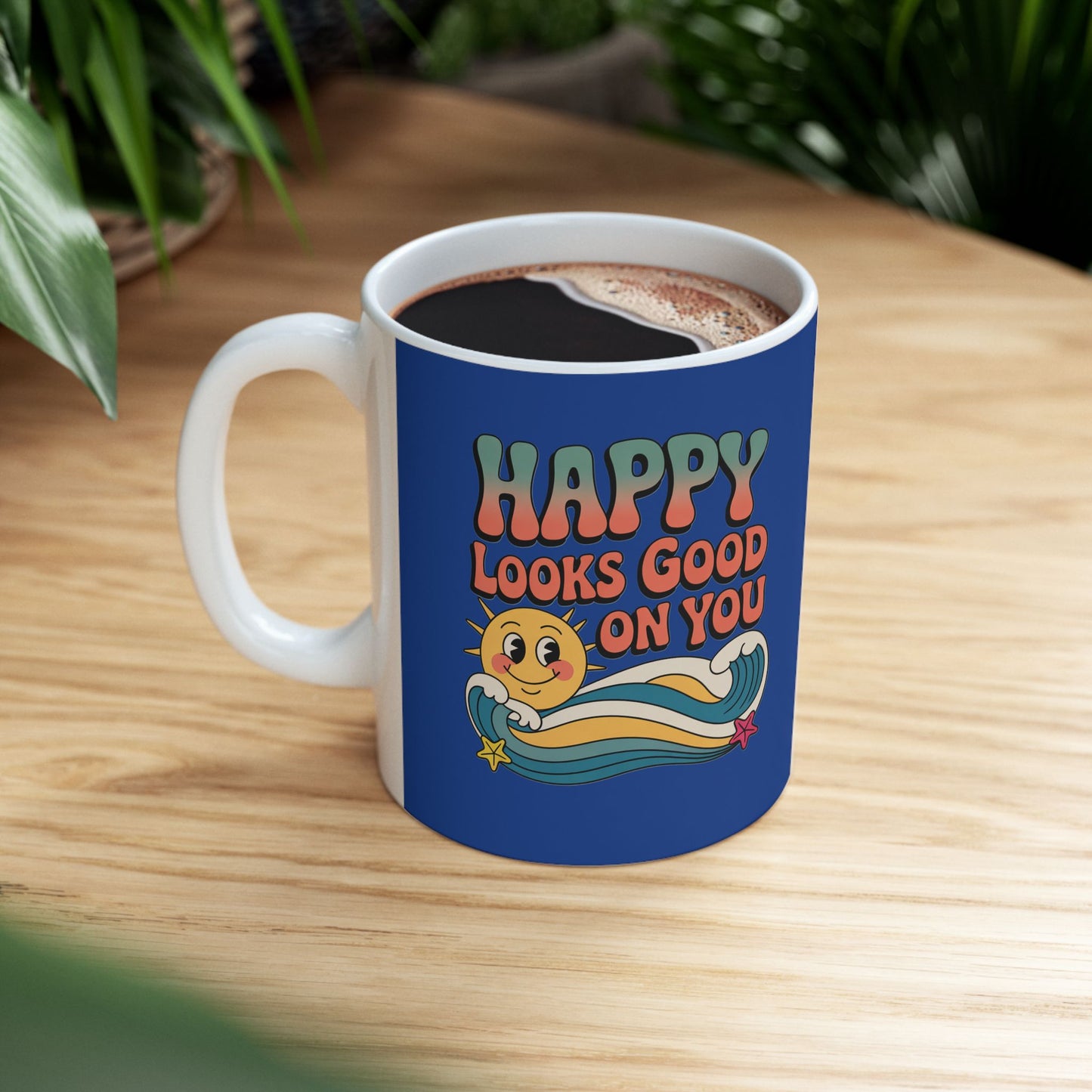 Retro 'Happy Looks Good on You' Ceramic Mug – 11oz & 15oz