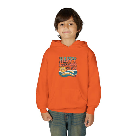 Youth Hoodie — "Happy Looks Good on You" Retro Sunburst Graphic