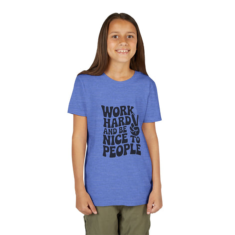 Youth Tee – "Work Hard and Be Nice to People" Retro Peace Sign Kids T‑Shirt
