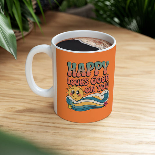 Retro 'Happy Looks Good on You' Ceramic Mug – 11oz & 15oz