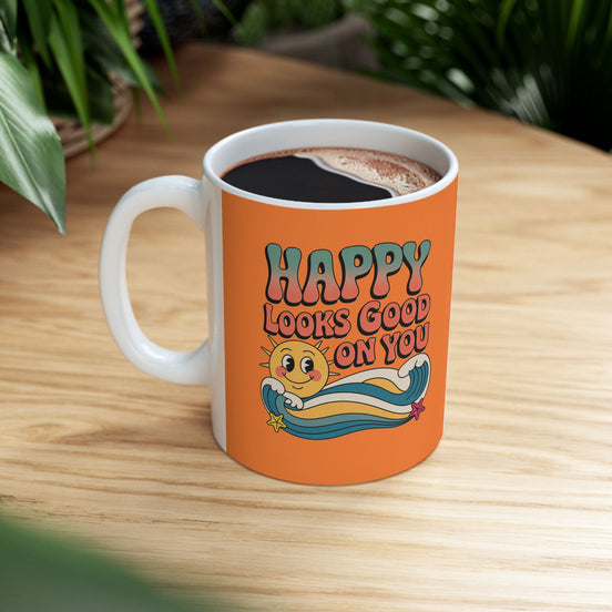 Retro 'Happy Looks Good on You' Ceramic Mug – 11oz & 15oz
