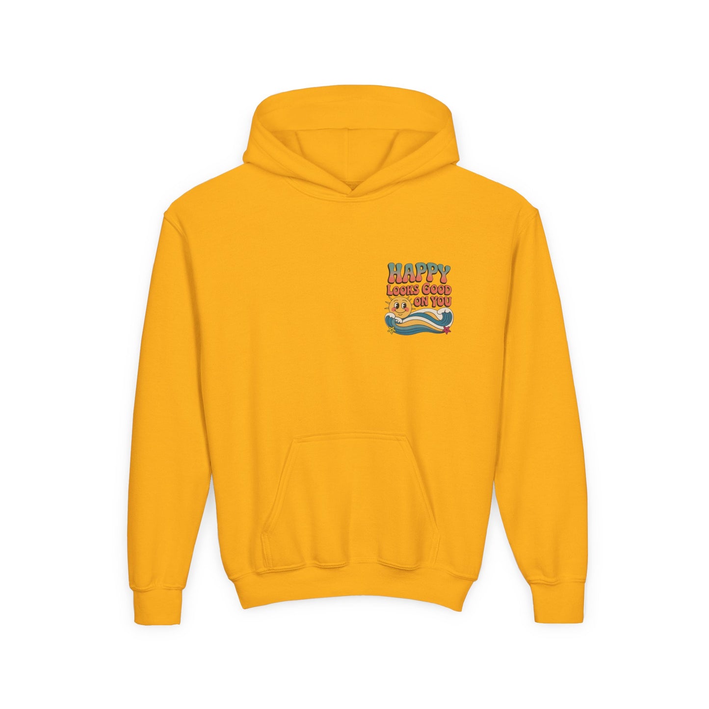 Youth Hoodie — "Happy Looks Good on You" Retro Sunburst Graphic