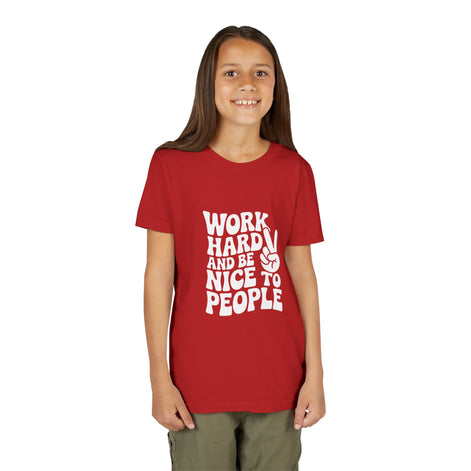 Youth Tee – "Work Hard and Be Nice to People" Retro Peace Sign Kids T‑Shirt