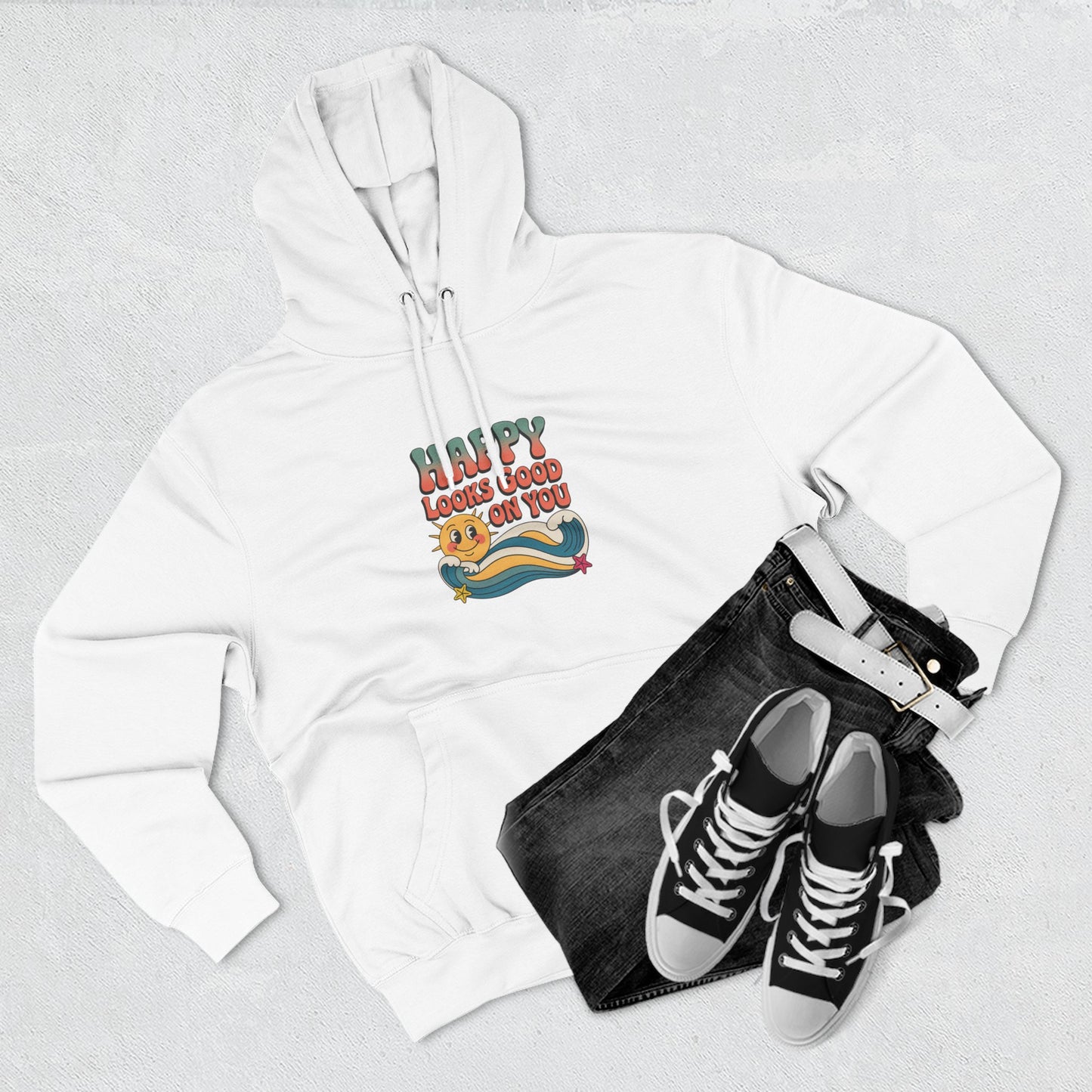 Happy Looks Good On You Hoodie — Retro Smiley Graphic Fleece Pullover