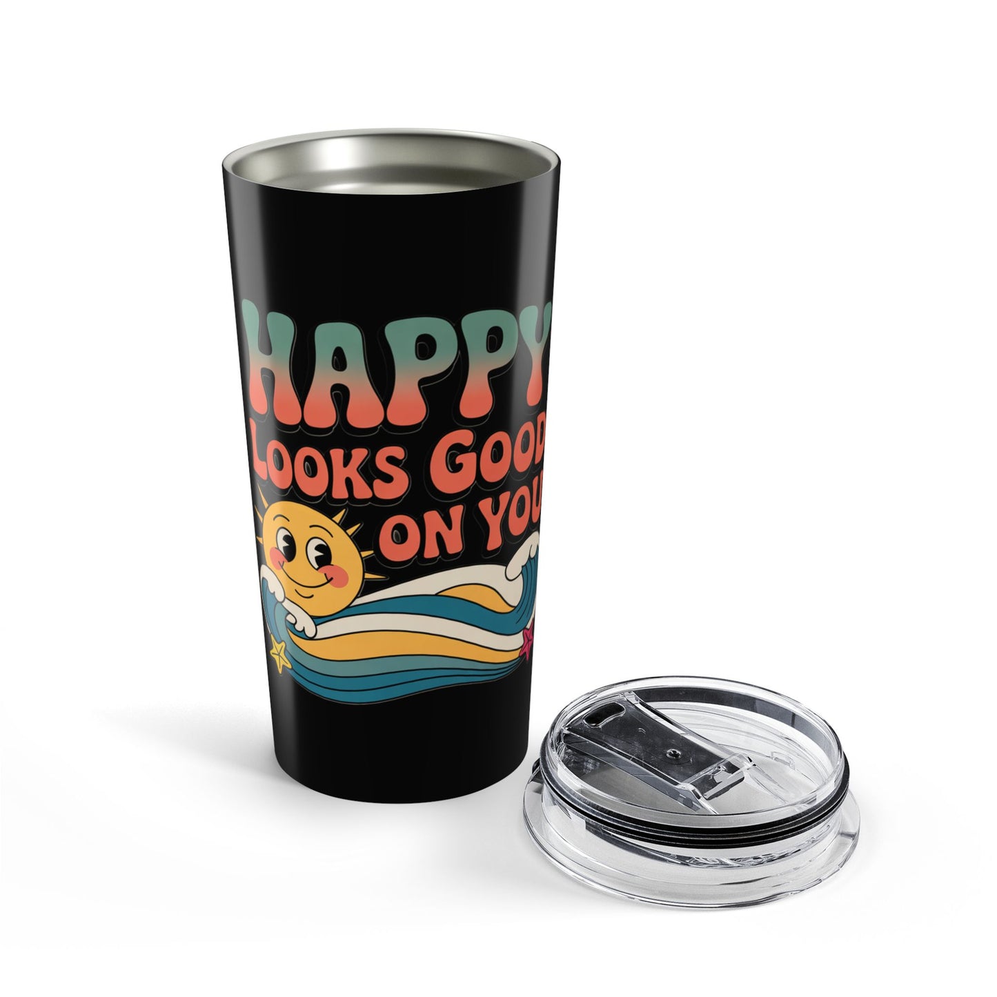 20oz Tumbler — "Happy Looks Good on You" Retro Smile Travel Cup