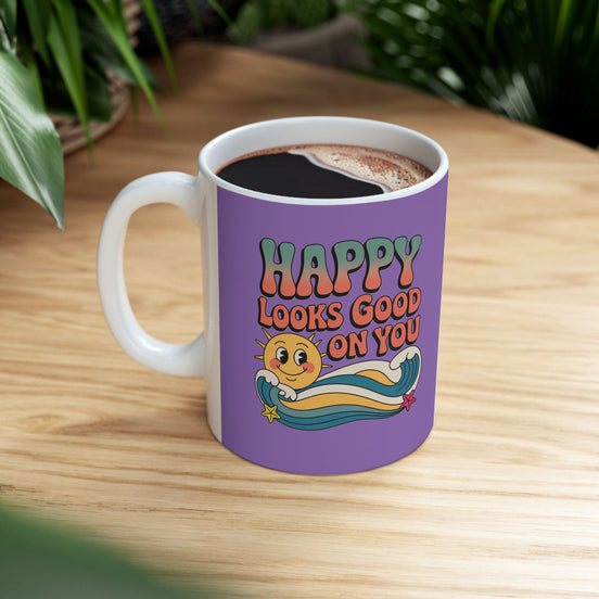 Retro 'Happy Looks Good on You' Ceramic Mug – 11oz & 15oz