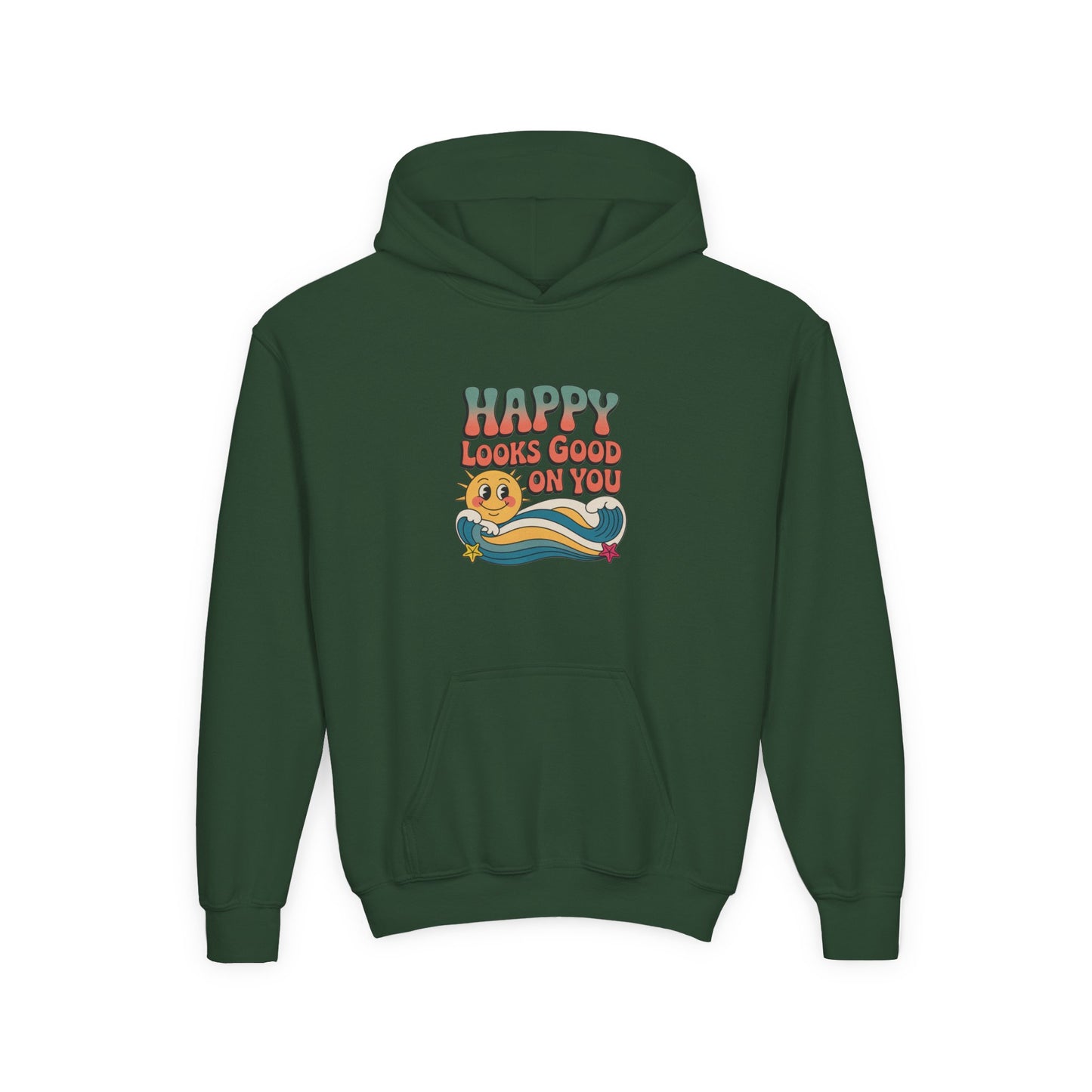 Youth Hoodie — "Happy Looks Good on You" Retro Sunburst Graphic