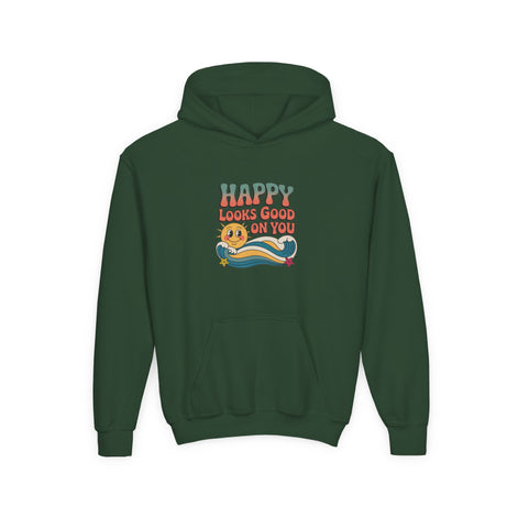 Youth Hoodie — "Happy Looks Good on You" Retro Sunburst Graphic