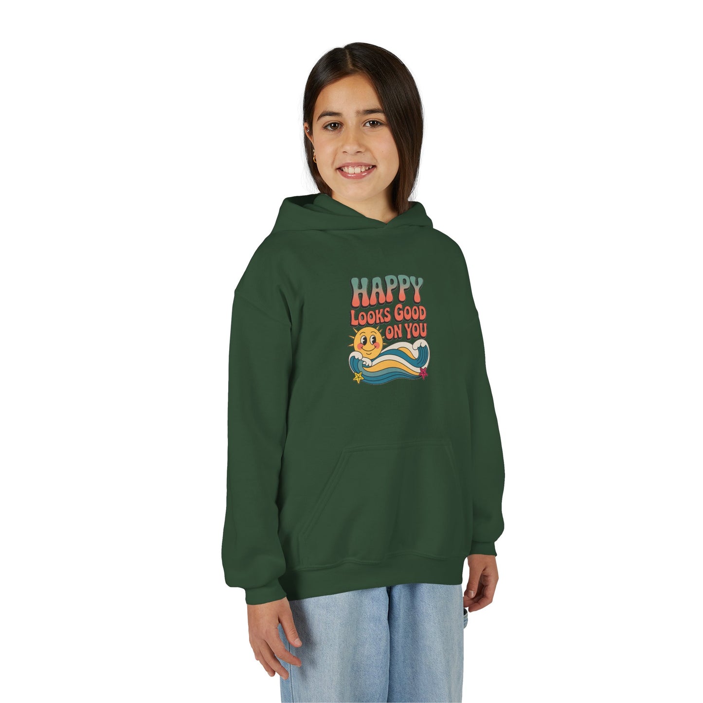 Youth Hoodie — "Happy Looks Good on You" Retro Sunburst Graphic