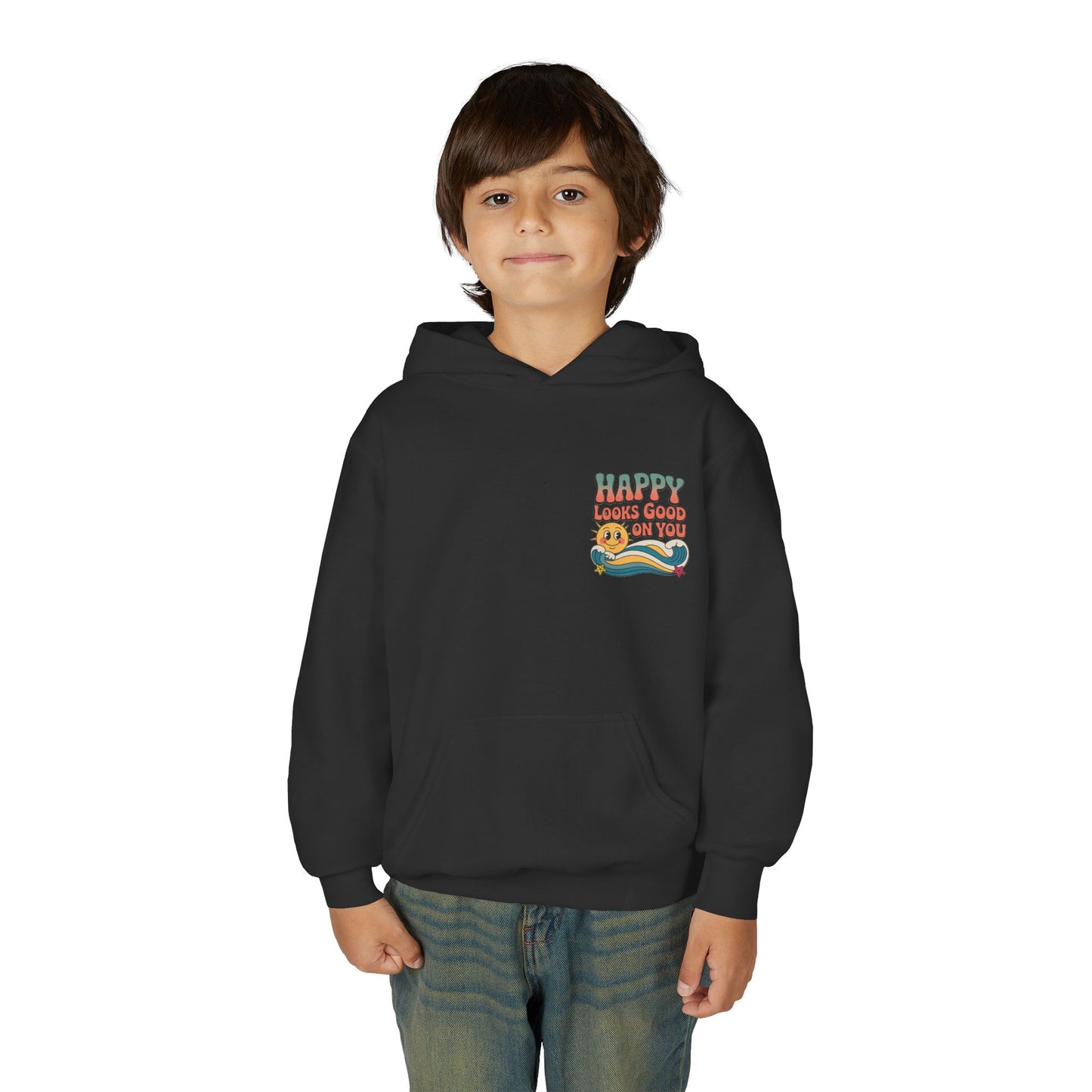 Youth Hoodie — "Happy Looks Good on You" Retro Sunburst Graphic