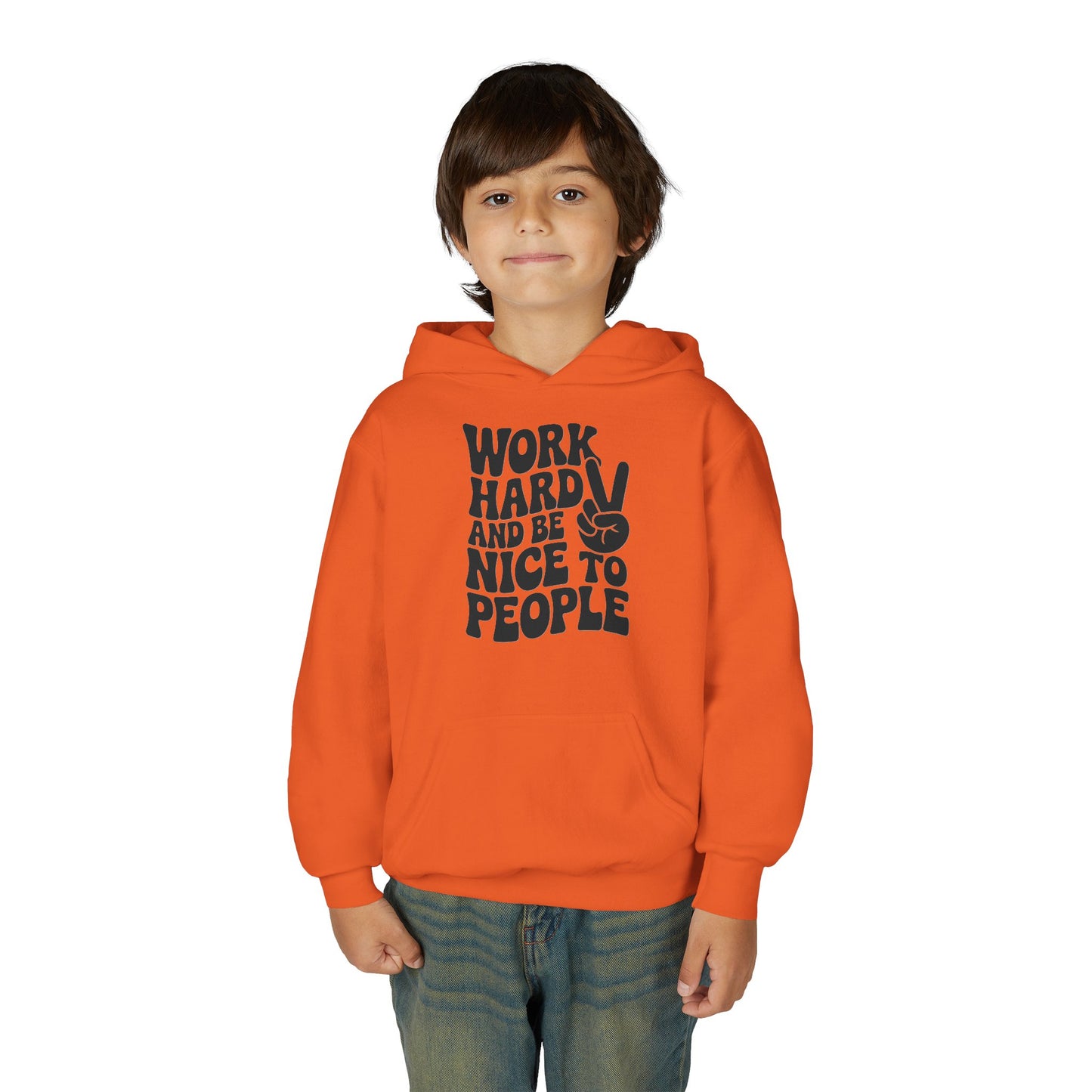Youth Hoodie — "Work Hard And Be Nice to People" Motivational Graphic