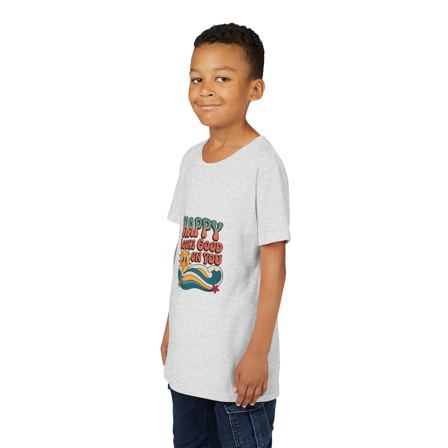 Youth Tee — "Happy Looks Good On You" Retro Sunshine Kids Shirt