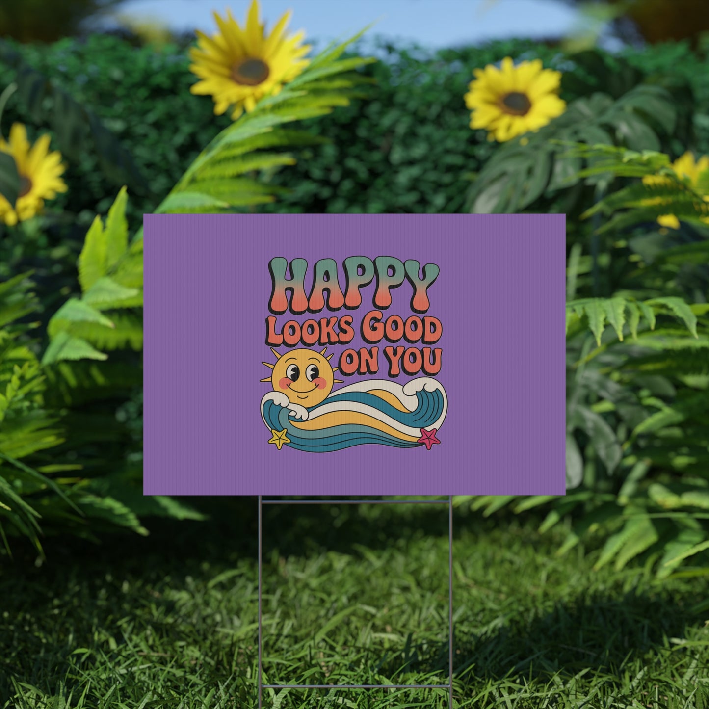"Happy Looks Good On You" Retro Sun Positive Garden Sign
