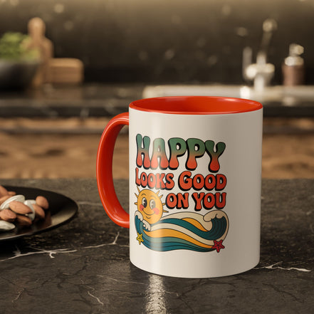 Retro 'Happy Looks Good on You' Colorful Ceramic Mug (11oz & 15oz)