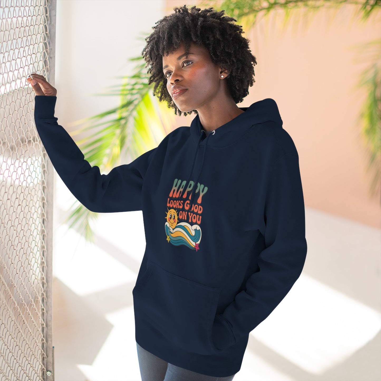 Happy Looks Good On You Hoodie — Retro Smiley Graphic Fleece Pullover